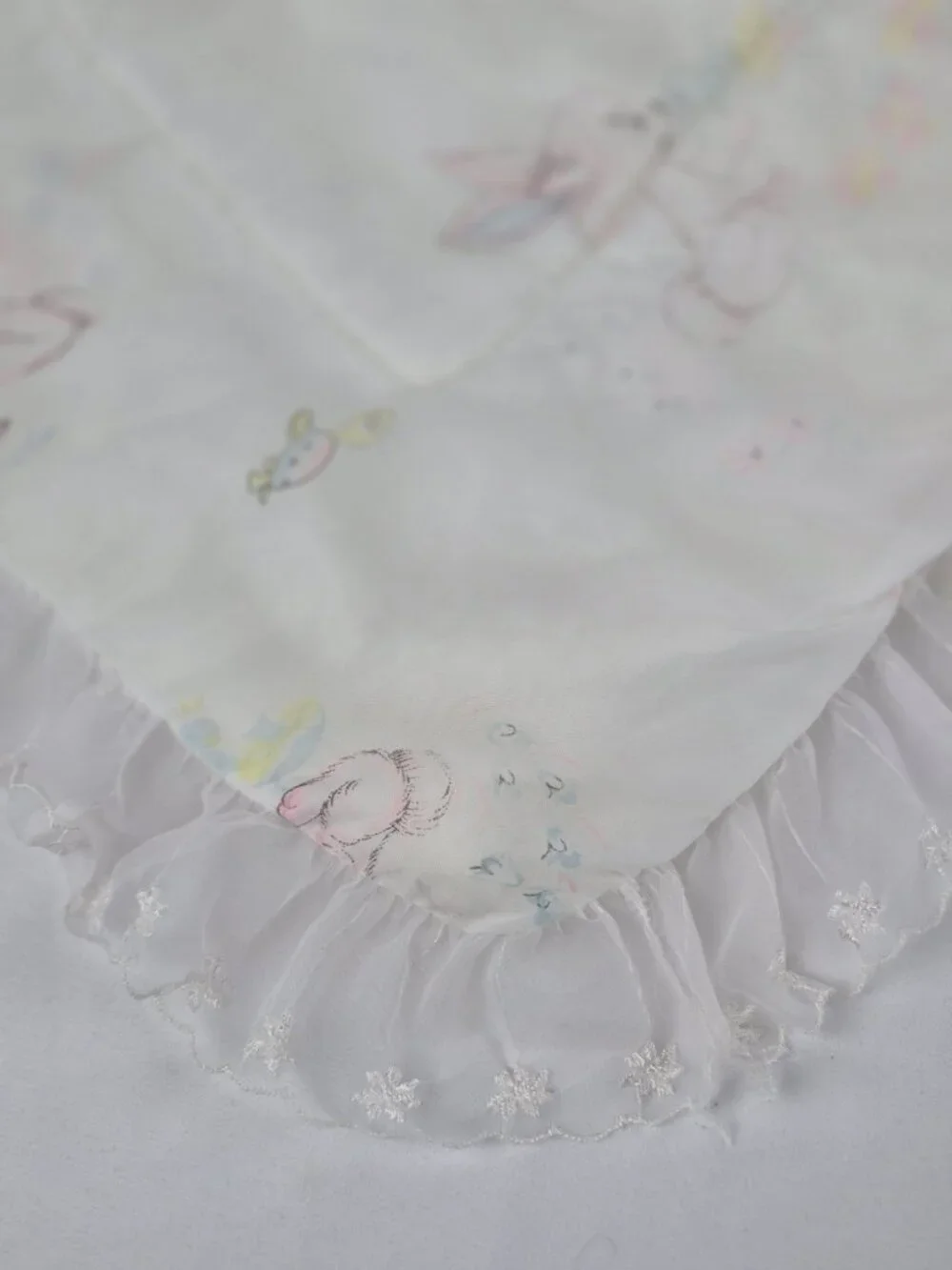 Vintage Sears Satin Quilted Baby Comforter Blanket Sheer Lace Trim Bunny Graphic